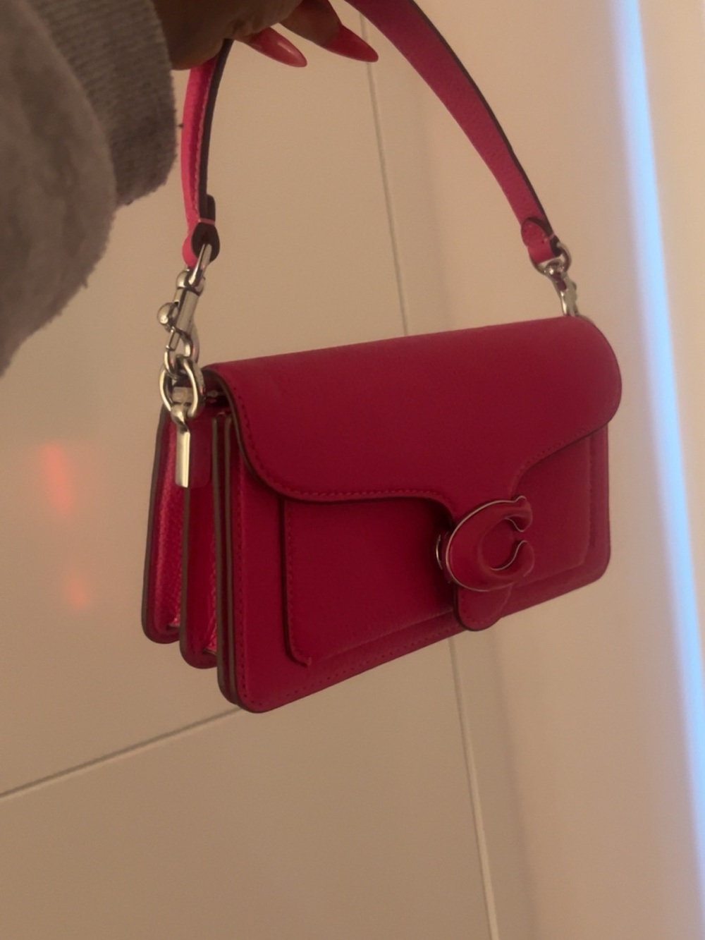 Hot Pink Leather Shoulder Bag with Silver Hardware